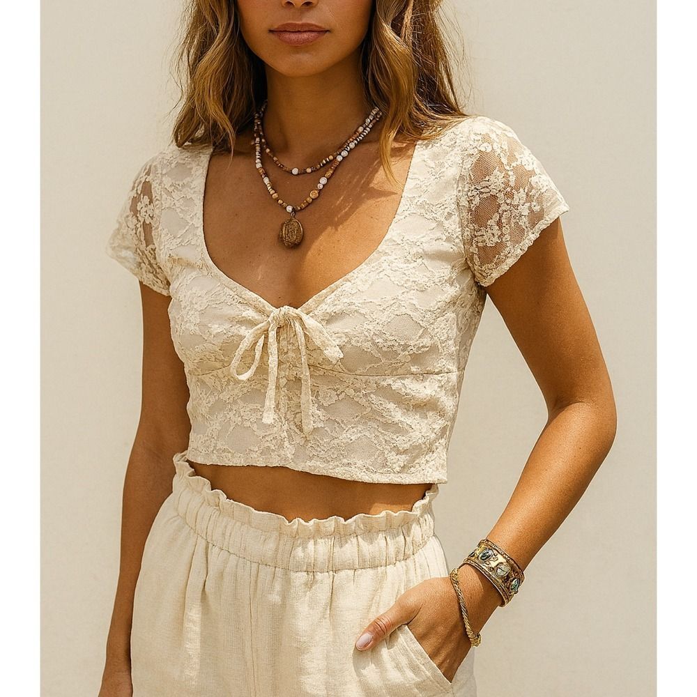 Women's White‎ Floral Sheer Lace Tie Front Top sz S Beachy Y2K Dainty